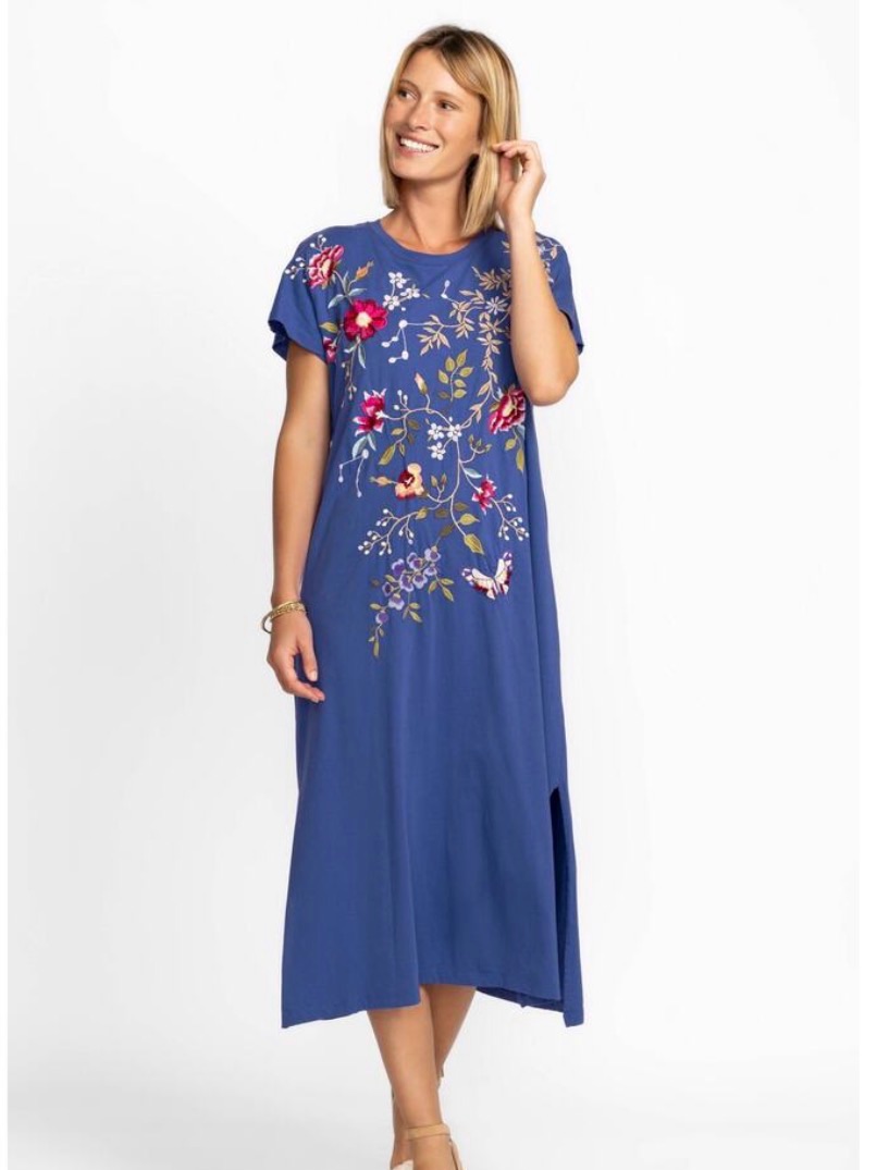 Johnny Was Nwt Blue Floral Embroidered Maxi Women’s Dress